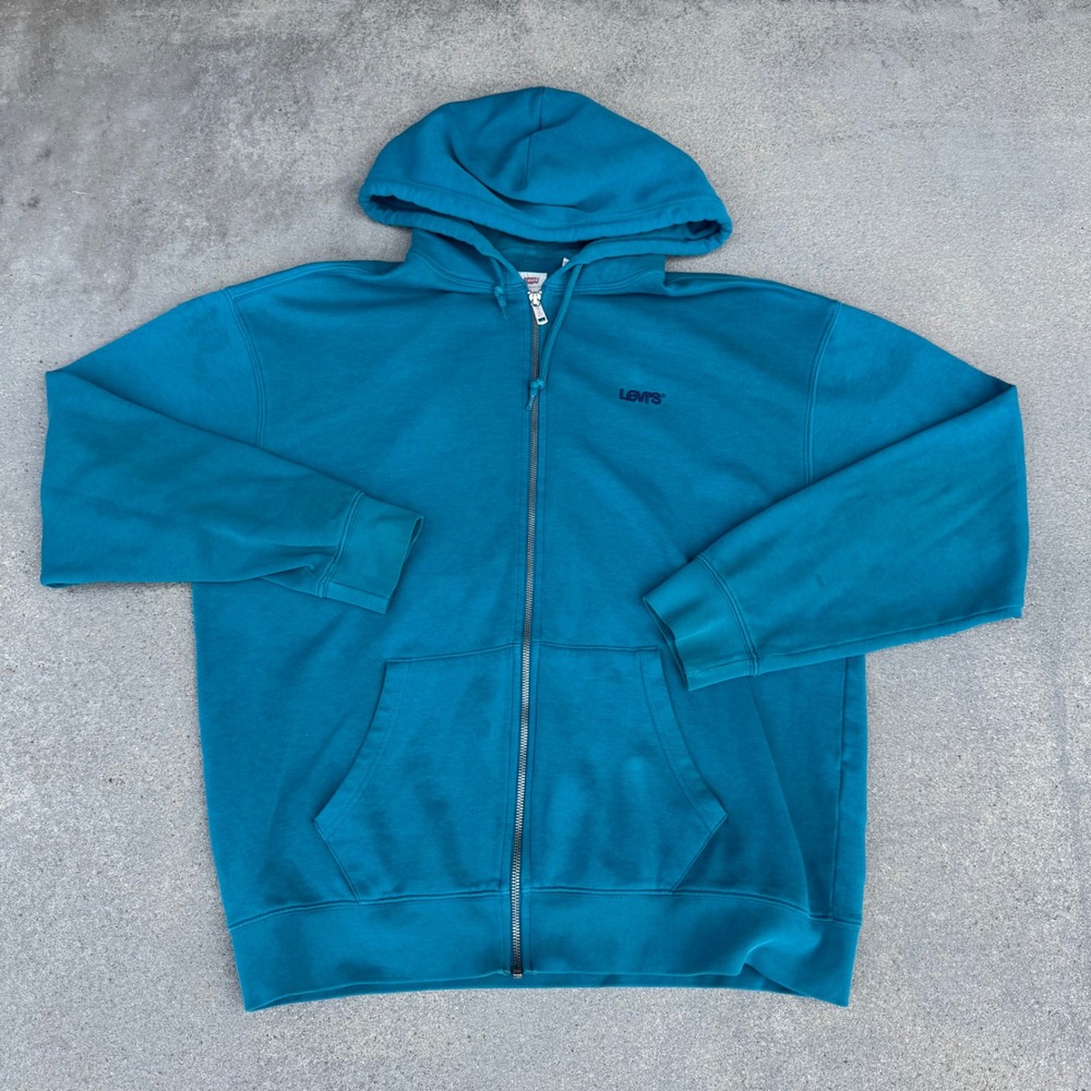 Levi's Men Relaxed Fit Full Zip Hoodie Teal Blue Fleece Sweatshirt Size L